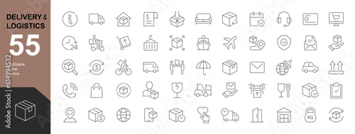 Delivery and Logistic Editable Icons set. Vector illustration in modern thin line style of moving service icons: shipping by sea, air delivery, date, courier, warehouse. Pictograms and infographics