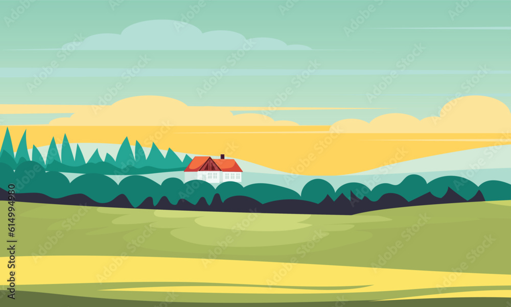 Summer Landscape stock illustration. A summer landsapce with green meadows, hilly fields and a sunset sky with clouds in the background.