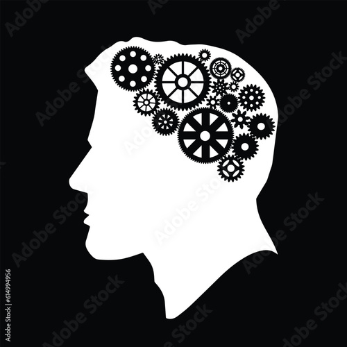 Man head silhouette with gears in head as brain. 