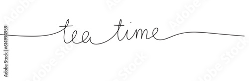 Continuous line drawing of word tea time. One line vector minimalist frame illustration of tea concept.