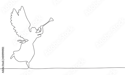 Continuous one line drawing of angel with trumpet. Angel blowing a horn concept minimalist design for logo isolated on white background. Vector illustration