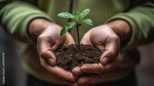 Front view holding seedling with soil and growing in his hand. generative AI