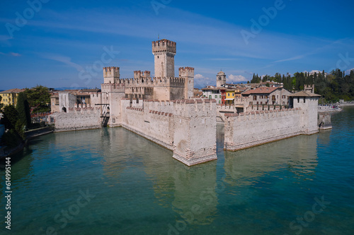 Scaliger Castle in Sirmione on Lake Garda aerial view.