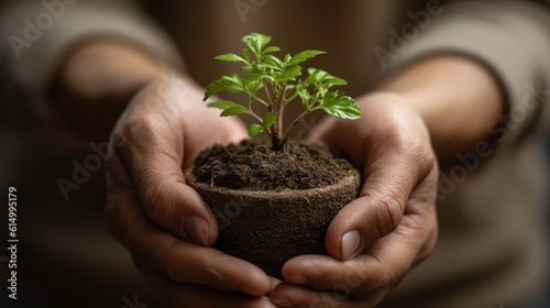 Front view holding seedling with soil and growing in his hand. generative AI