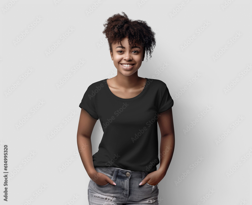Black t-shirt mockup on African American woman with curly hair, hands in jeans pockets, blank shirt for design, front view. Black t-shirt mockup on African American woman with curly hair, hands in jeans pockets, blank shirt for design, front view.