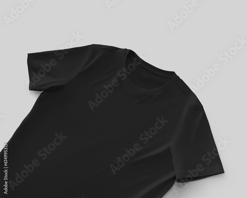 Male black t-shirt mockup, close up, diagonal presentation, texture clothing for men, isolated on background, front view.