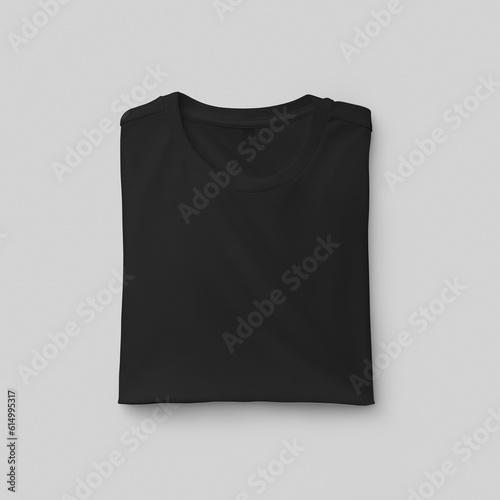 Template of a folded men's black t-shirt with a label, close-up front view, fashion clothes, for design, print.