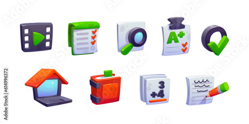 3d school book for online study isometric icon set. Laptop for home education or course app infographic design. Lecture note with pencil for elearning isolated illustration. Digital knowledge graphic
