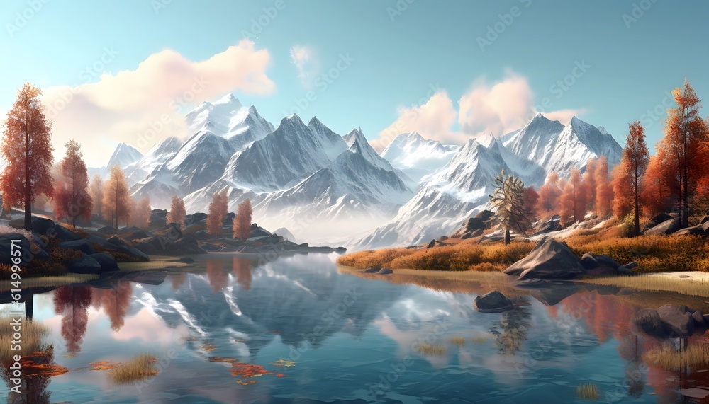 calm lake surrounded by mountain, Summer Background Landscape ai generative