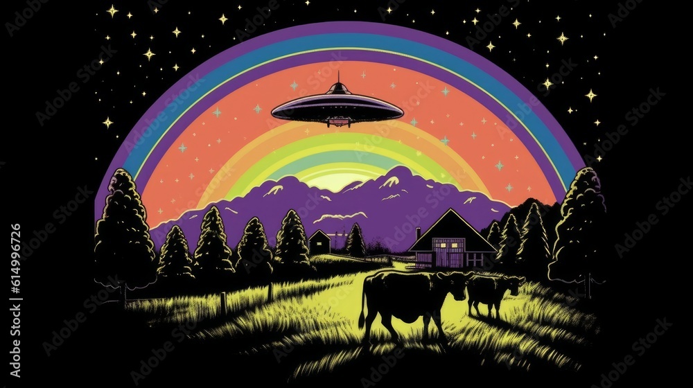 Retro ufo with rainbow and ray on cow. Generative AI