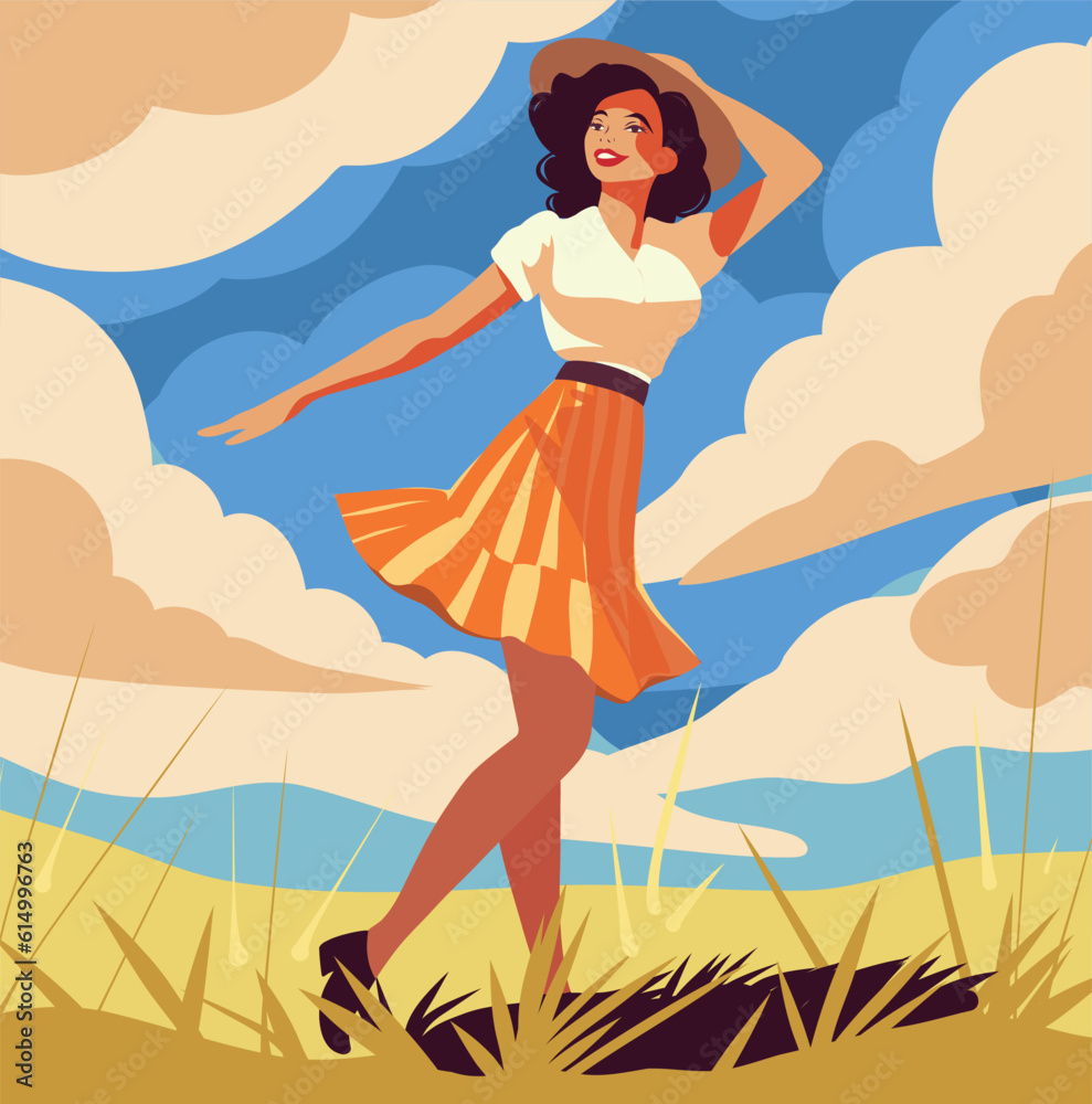 Vector illustration of a beautiful pinup girl retro vintage style posing in a clearing flat style Vector illustration of a beautiful pinup girl retro vintage style posing in a clearing flat style