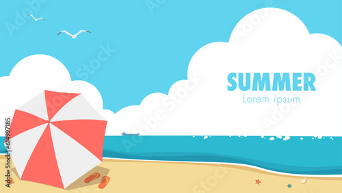 Vector illustration of summer beach, sea and sky banner background.
