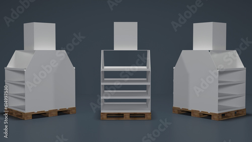 Super store pallet product display shelf design 3D illustration