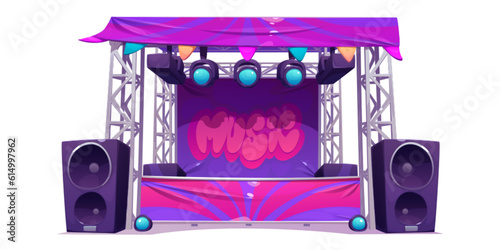 Music stage for outdoor park concert festival event vector illustration. Isolated cartoon open air rock and dance scene for wedding party celebration or recreation entertainment on white background.