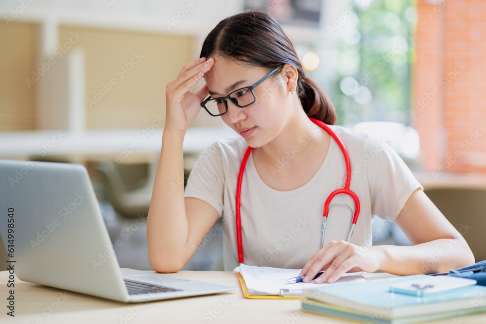 Young medical student worry stress about patient clinical case consult study education at medical school. Young medical student worry stress about patient clinical case consult study education at medical school.