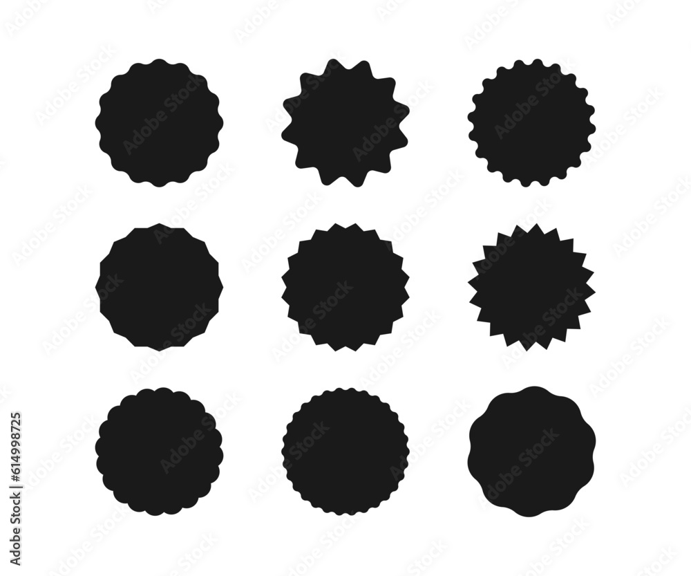 Wavy edge circle sticker. Star burst shape tags for price. Blank sale round sticker. Empty promo badge. Simple circle wax seal silhouette. Vector illustrations set isolated on white background.