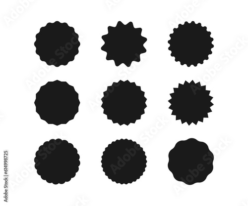 Wavy edge circle sticker. Star burst shape tags for price. Blank sale round sticker. Empty promo badge. Simple circle wax seal silhouette. Vector illustrations set isolated on white background.