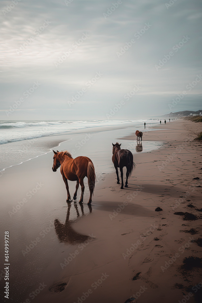 A wild horses walking down a beach. Generative AI