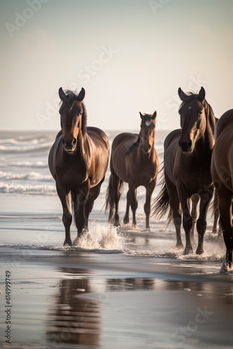 A wild horses walking down a beach. Generative AI