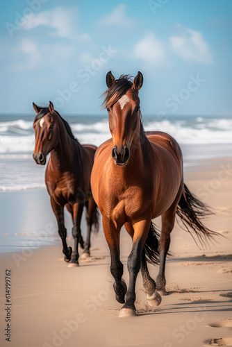 A wild horses walking down a beach. Generative AI © Oleksandr