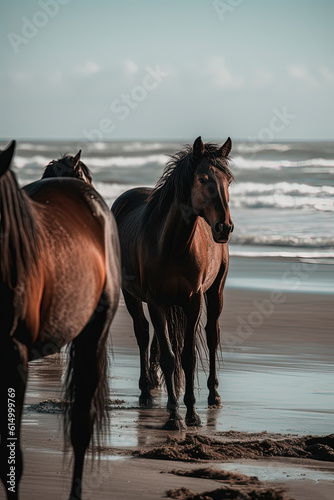 A wild horses walking down a beach. Generative AI © Oleksandr