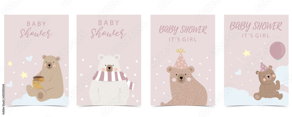 Baby shower invitation card for girl with balloon, cloud,sky, bear Baby shower invitation card for girl with balloon, cloud,sky, bear
