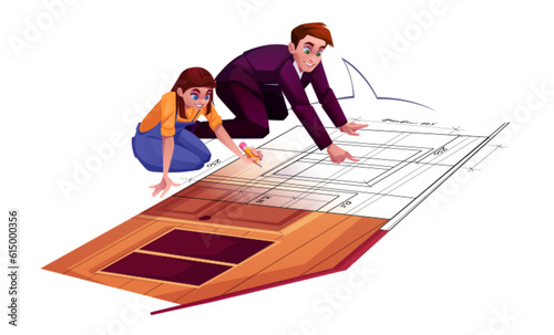 Woman draw house sketch project to show man client modern illustration. People communicate about building wireframe drawing and discuss work progress in speech bubble. Creative designer and architect