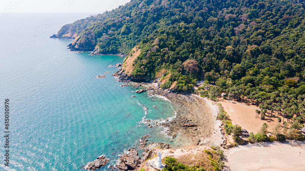 High angle drone shot of Kao Lanta, Krabi, Thailand on a clear day in the summer, suitable for family travel. walking tour resting