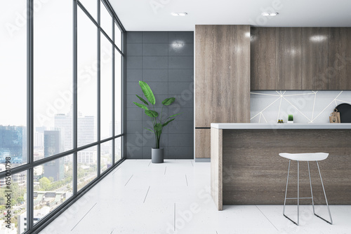 Closeup view of modern kitchen interior design with panoramic window with city view background  wooden and dark grey walls and tiles floor. 3D Rendering