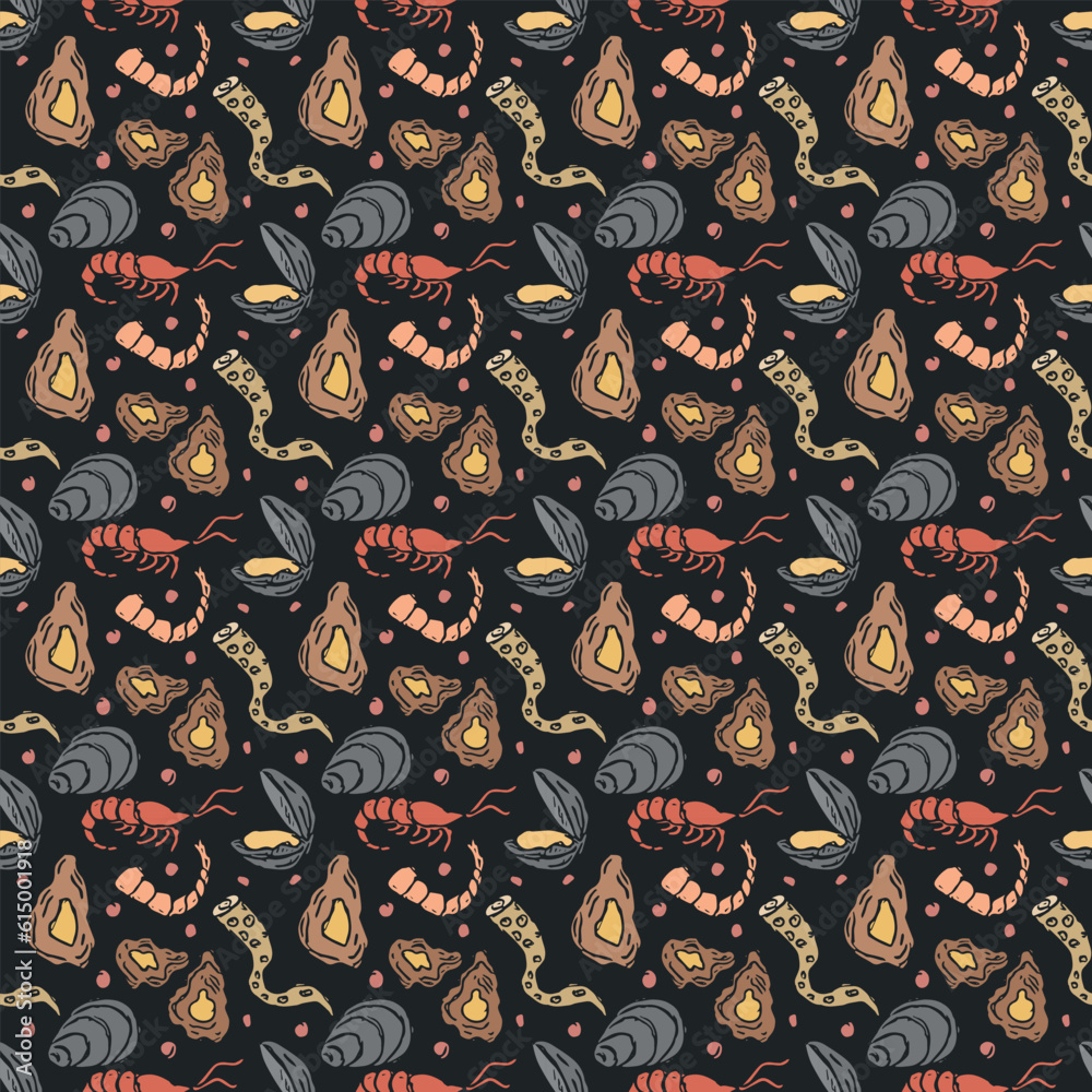 Naklejka premium Colored seafood pattern. Drawn seafood background