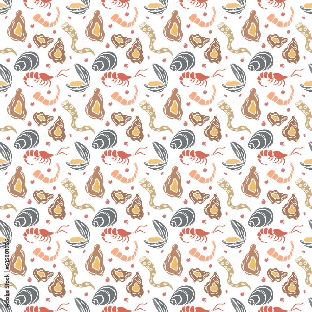 Colored seafood pattern. Drawn seafood background Colored seafood pattern. Drawn seafood background