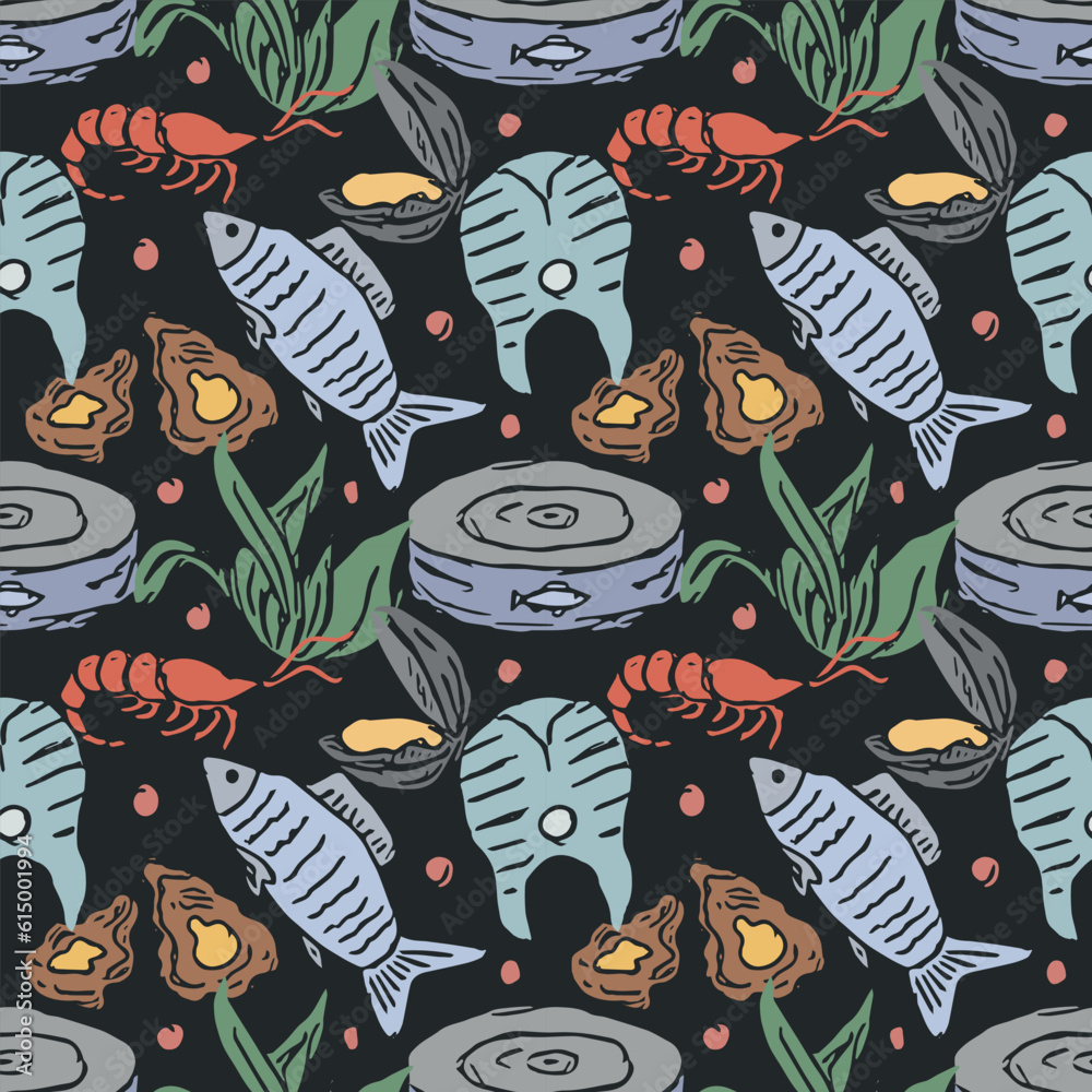 Naklejka premium Colored seafood pattern. Drawn seafood background