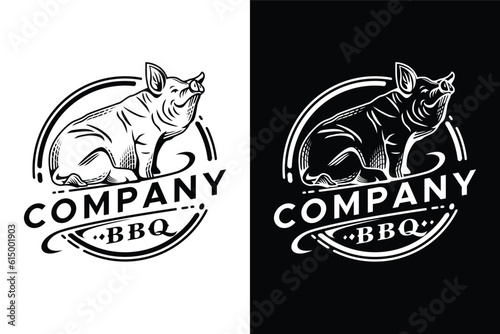 simple line art pig decorated illustration logo design