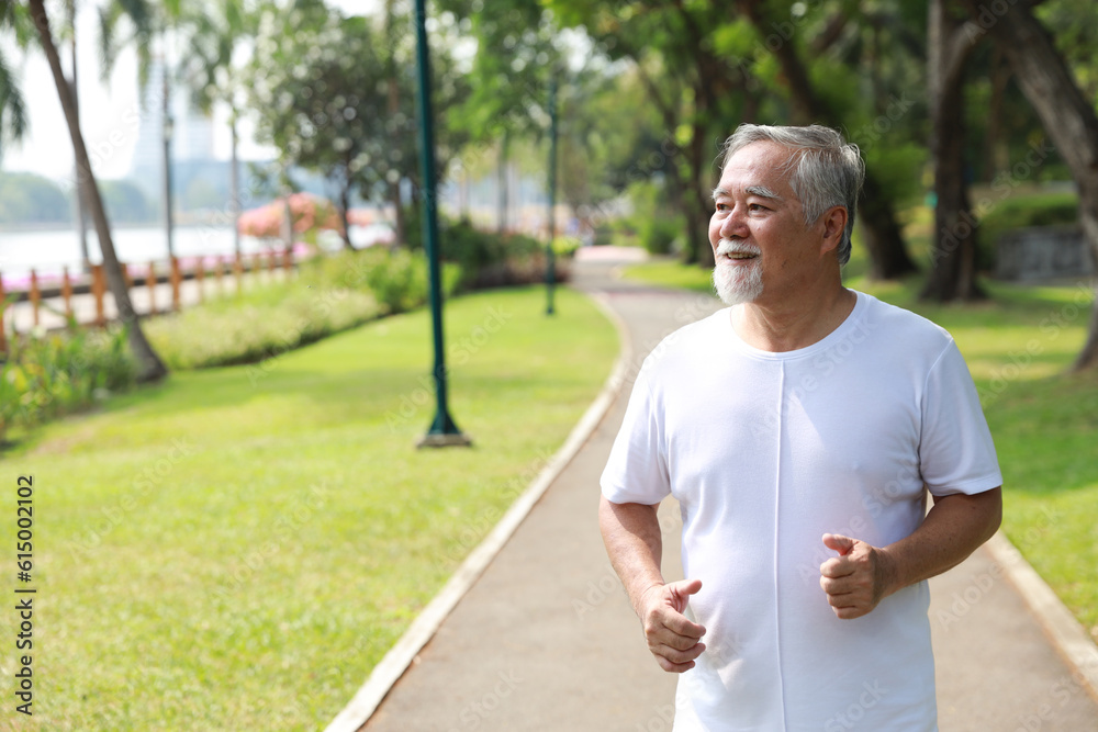 Happy and smiling asian senior man doing exercise and jogging or walking with relaxation for healthy in park outdoor after retirement during summer time. Health care elderly outdoor lifestyle concept. Happy and smiling asian senior man doing exercise and jogging or walking with relaxation for healthy in park outdoor after retirement during summer time. Health care elderly outdoor lifestyle concept.