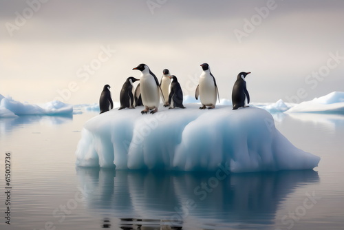 group of penguins on small iceberg from climate change  made with generative ai
