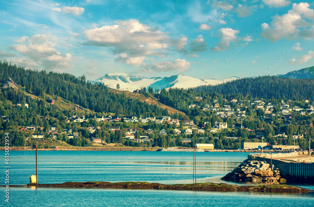 Panoramic view of fjord and Mo i Rana city. Norway