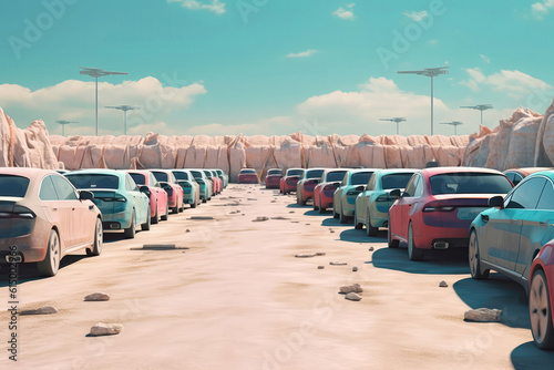 Electric Vehicles Parked At Lithium Mine, Symbolizing Battery Demand. Generative AI