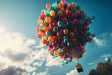 A colorful bunch of balloons floating in the sky. Generative AI
