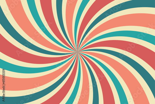 Retro colors spiral background. Twisted vintage starburst. Curved colorful rays on beige backdrop. Rotating lines optical illusion. Radial striped banner. Vertigo concept. Vector illustration 