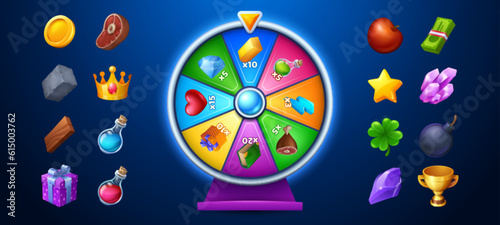 Fortune game spin wheel and set of prize icons isolated on blue. Vector illustration of casino roulette decorated with lightning, heart, magic potion and diamond, gift box, golden coins, trophy cup
