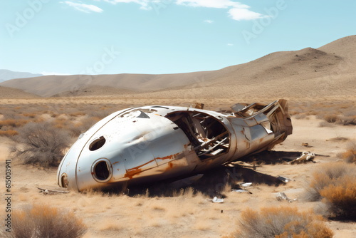 crashed alien spacecraft in desert, made with generative ai 