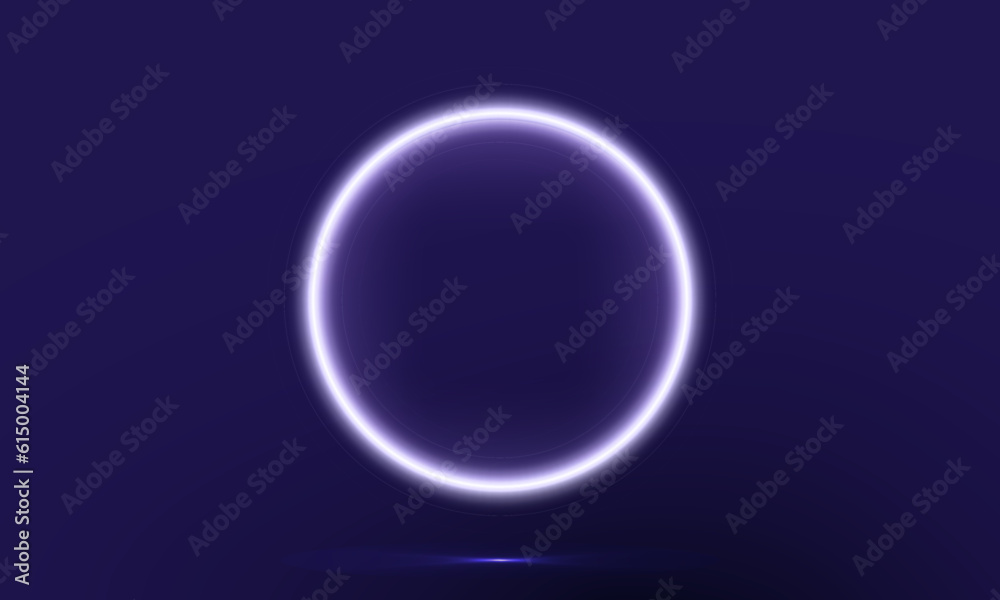 White and Blue Neon Ring on dark blue background with small light reflection on floor. Neon lighting banner template. Vector Illustration. EPS 10.