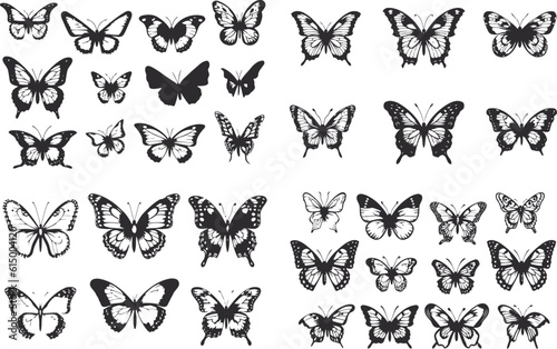 Set of butterflies, black and white design, vector illustration, SVG, great for t-shirts, mugs, birthday cards, wall stickers, stickers, iron-on, scrapbooking,