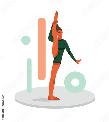 Cartoon positive girl does stretching by lifting her leg high and stretching muscles. Active and healthy lifestyle. Vector flat style illustration on white background