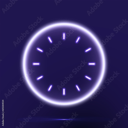 White and Blue Neon Clock on dark blue background with small light reflection on floor. Neon lighting banner template. Vector Illustration. EPS 10.