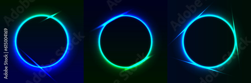 Set of glowing multi-colored neon round frames on dark backgrounds. Bright light rings. Vector Art. 