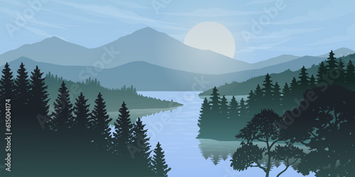 Silhouette of nature landscape. Mountains, forest in background. Blue and green illustration