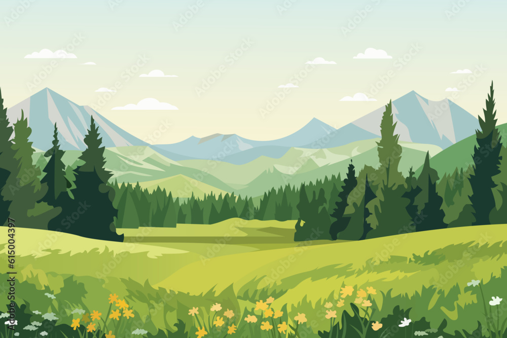Fototapeta premium Beautiful landscape. A magnificent forest glade of flowers with stunning mountains in the background. 