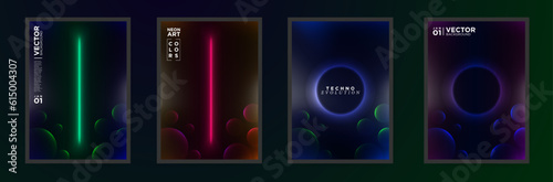 Set of Abstract Neon Glow Posters. Aesthetic gradient light lines and round frames on dark gradient background with 3d spheres. Editable Vector Templates.