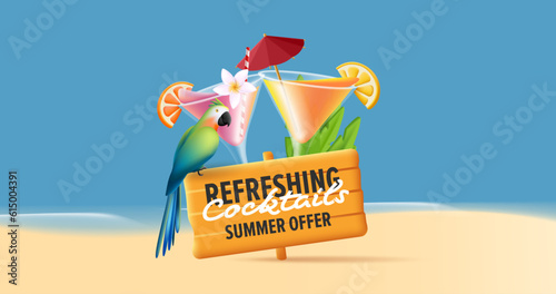 Summer cocktail pirate party poster with 3D margarita cocktail, with parrot and wooden board with promo text